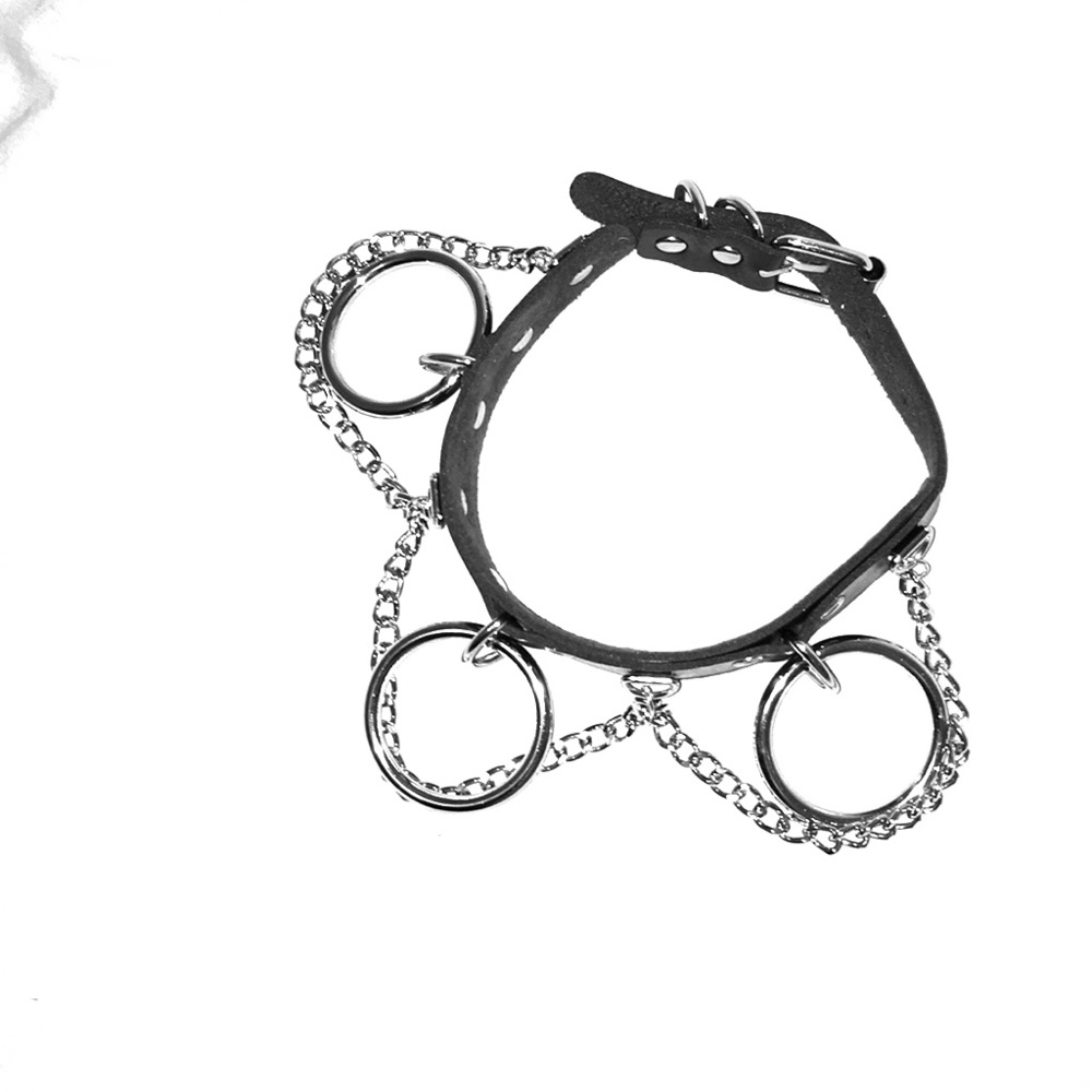 black faux leather O-ring & chain bondage collar - Picture 4 of 5